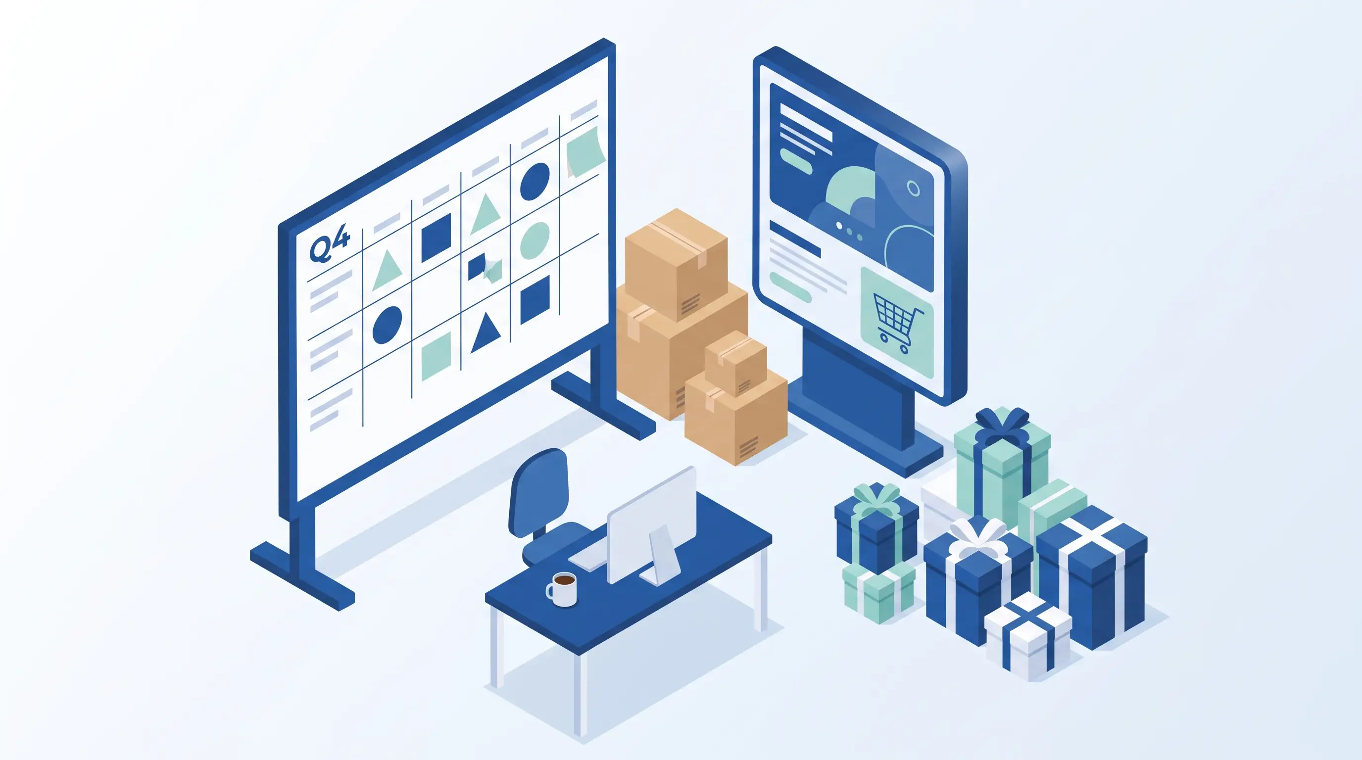 Marka mavisi izometrik e-ticaret sahnesi: Q4 kampanya takvimi, stok kutuları, reklam grafiği ve yılbaşı hediye paketleriyle hazırlık panosu