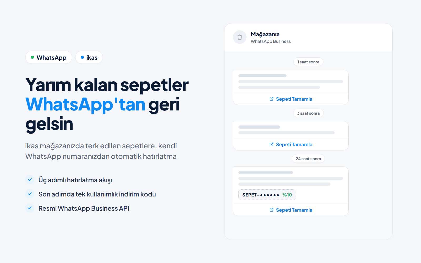 Terk edilen sepet için gönderilen üç adımlı WhatsApp hatırlatma mesajları görseli