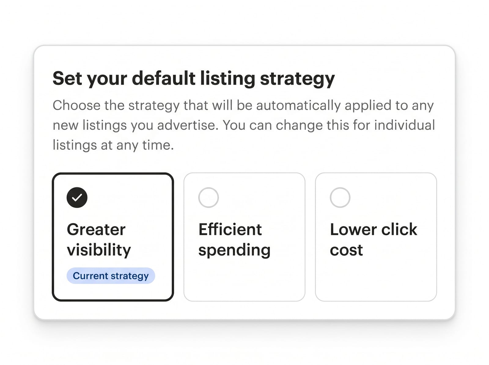 Etsy Ads — varsayılan listeleme stratejisi seçimi: Greater visibility, Efficient spending, Lower click cost